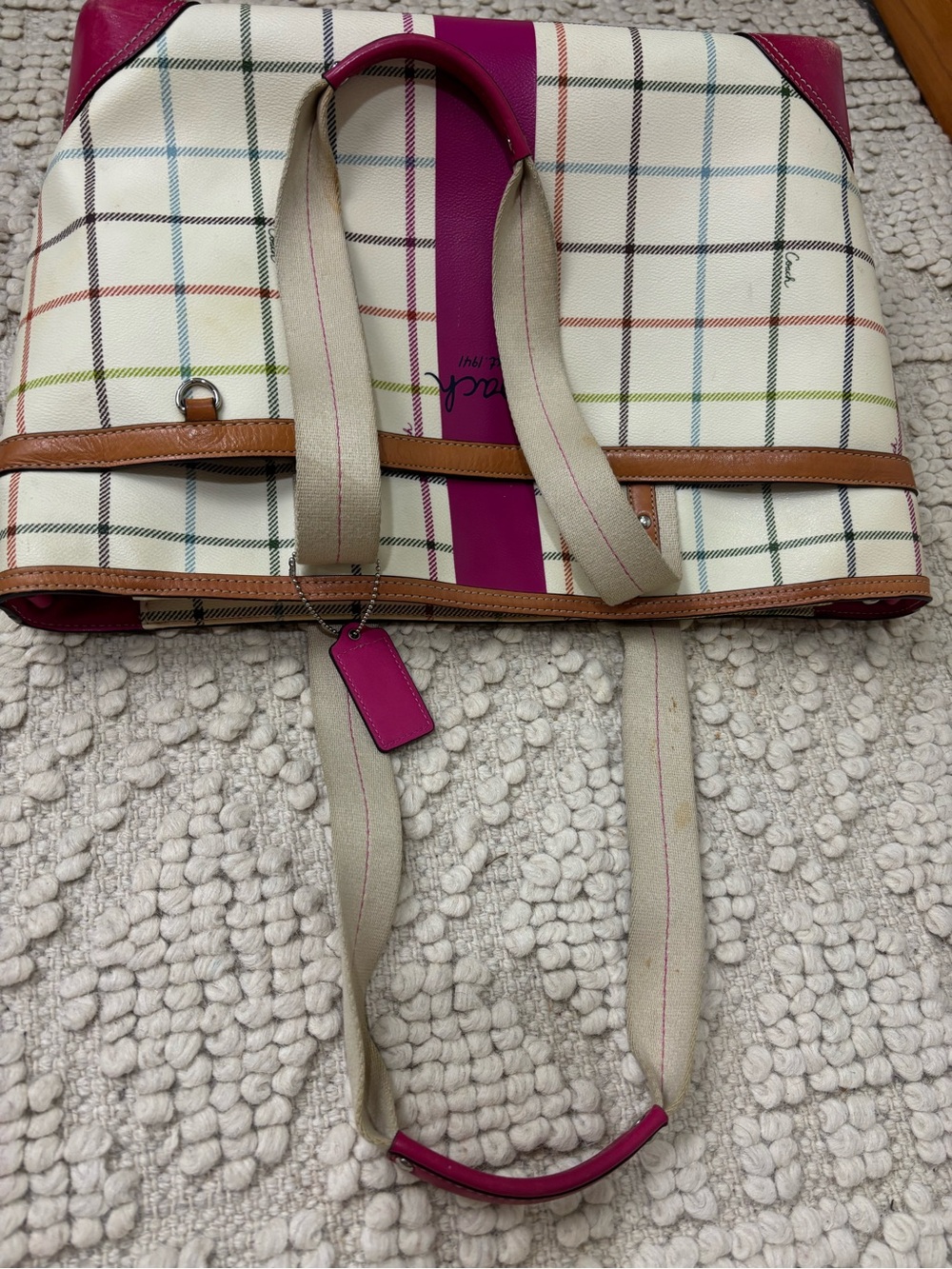 Coach Cream Plaid Canvas Tote with Pink Center Stripe and Tan Trim - Picture 6 of 14